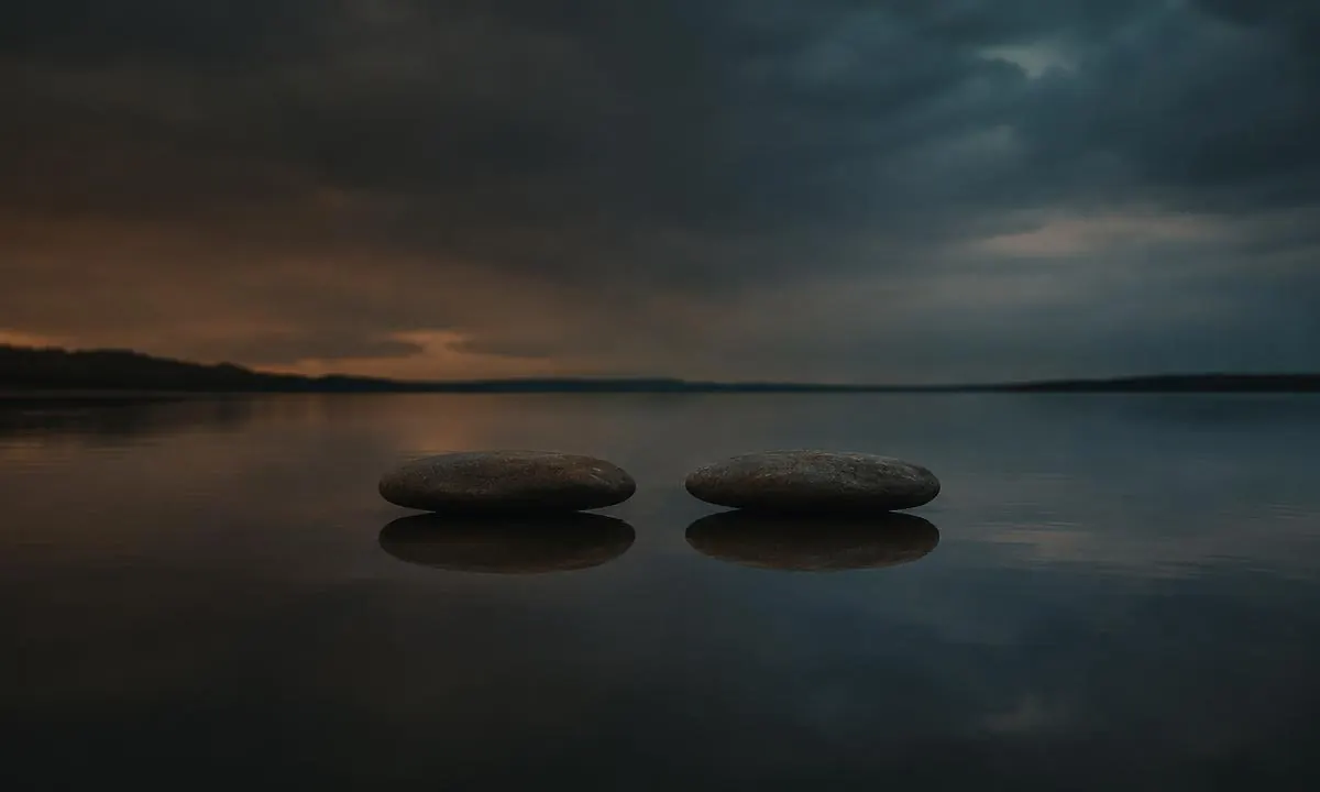 Zwei gleich große flache Steine auf einer ruhigen Wasserfläche in der Dämmerung