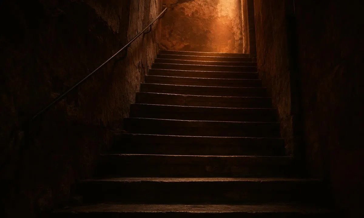 Steinerne Treppe, die in einem engen Gang nach oben ins warme Licht führt