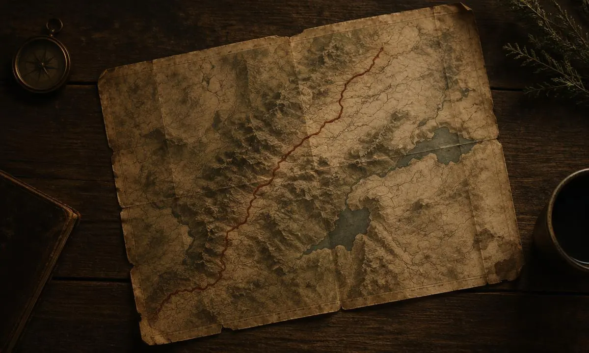 Alte Landkarte mit eingezeichneter Route auf einem dunklen Holztisch
